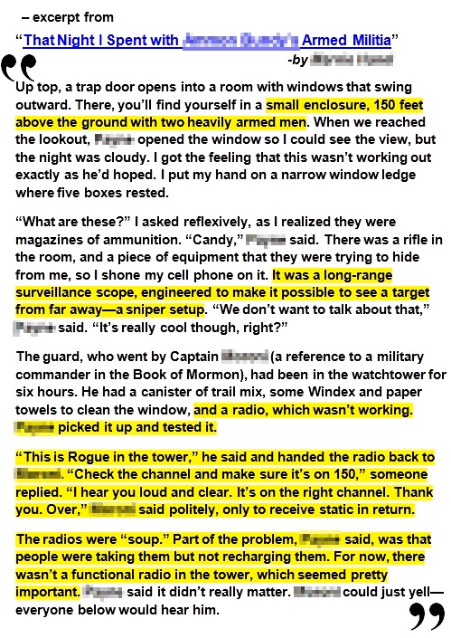 Article excerpt highlighting radio use in the watchtower sniper nest at 2016 Oregon Standoff
