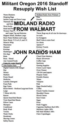 Militant Oregon 2016 standoff resupply wish list shows Midland radio (FRS) and Ham radio, along with batteries and other necessities