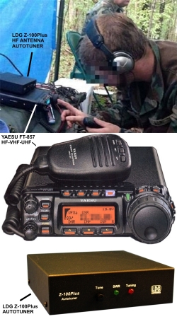A southern militia radio operator in a field training exercise communicates using a Yaesu model FT-857 with LDG Z-100Plus antenna autotuner. The Yaesu is a 100 Watt radio capable of HF-VHF-UHF.