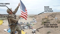 2014 Nevada standoff militant with Midland FRS GMRS radio and Baofeng UV-5R VHF UHF radio attaches a flag to an antenna at the militia camp base station communication system