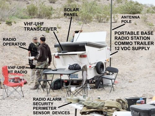 Nevada 2014 Standoff militant camp main VHF-UHF radio base station. Portable commo trailer with 12VDC solar power supply and antenna pole. Radio alarm security perimeter intrusion sensor devices.