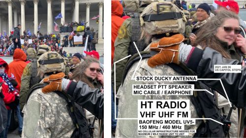 Militant militia squad with Baofeng HT radios VHF UHF at capitol riot failed coup 2021 January 06